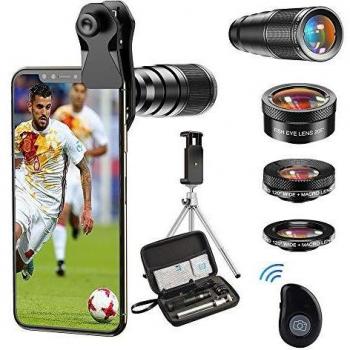 Apexel Lentes para móviles 22X Lente de teleobjetivo+Lente Macro 25X+Lente Gran Angular 120 °+205 ° Fisheye Kit de Lente de teléfono con trípode y Obturador Remoto para iPhone 11 Pro Huawei P30