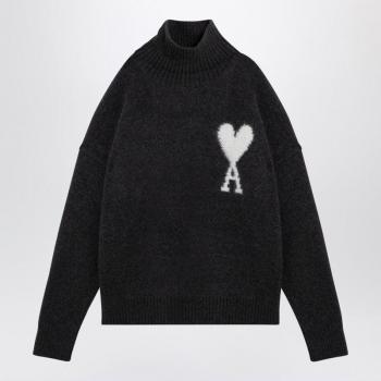 Ami Paris Men's Funnel Neck Sweater - Grey, Relaxed Fit, Size XL