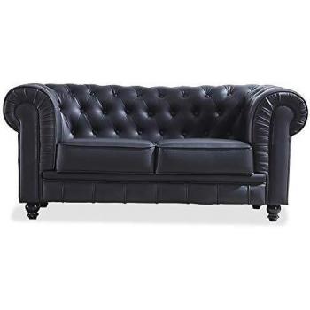 Chesterfield, Sofa de Dos plazas, Sillon Descanso, 2 Personas, Acabado en Simil Piel Color Negro y Capitone, Medidas: 166 cm