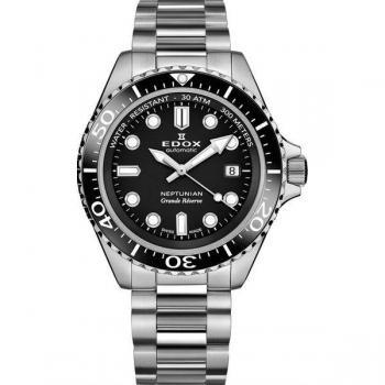 Edox Neptunian Grande Reserve Automatic Diver's Watch with Black Dial, 300m Water Resistance