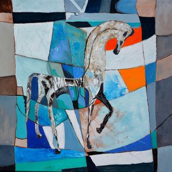 Cuadro abstracto de pintura sobre lienzo con diseño de caballo griego antiguo, multicolor, dimensiones 80x80 cm