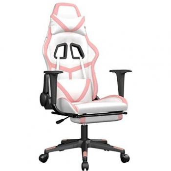 Massage Gaming Chair with Footrest in White and Pink Faux Leather