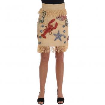 Dolce & Gabbana Crystal Beige Palm Fiber Skirt - IT38 | S, Short Skirts, female, Beige, Size: 2XS