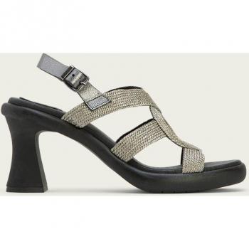 Sandalias de tacón alto Plomo plateado con detalle de hebilla y pala textil
