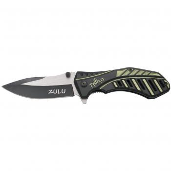Navaja asistida Third Zulu K2799GN con mango de aluminio negro y verde, hoja de acero inoxidable de 9.6 cm con corte en negro, clip y funda de nylon