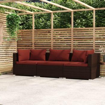 3-Seater Brown Poly Rattan Sofa with Cushions