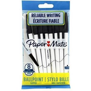 Bolígrafo negro con capucha PaperMate 045, punta de 1,0mm, paquete de 8 unidades