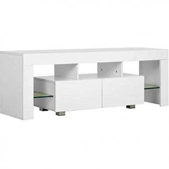 vidaXL Mueble TV Luz LED Diseño Moderno 2 Cajones + Estantes Módulo Luces Televisión Aparador Mesa Baja Televisor Mueble Salón Comedor Blanco Brillo