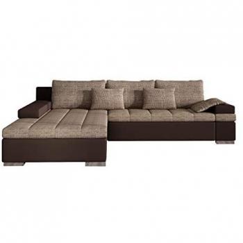 Sofá rinconero Comfivo 113, marrón, con función de descanso y caja de ropa de cama, 310x175x83cm