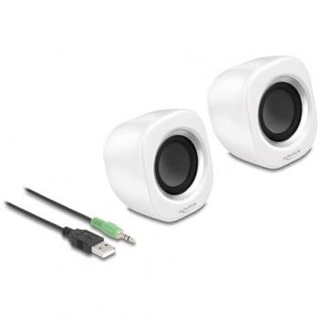 Altavoces Delock Mini Estéreo 2.0 USB Cableados 2W para PC con Conector Jack de 3.5 mm y Control de Volumen, Blanco