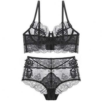 SHEKINI Conjuntos de lencería Sexy Ropa Interior para Mujer Sujetador con Aros Sin Relleno Push up Sujetador y Bragas de Encaje Transparente Caliente Sexy Bralette y Tanga