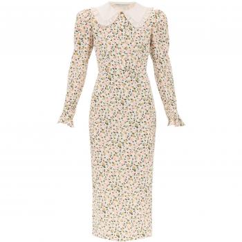 Alessandra Rich Floral Silk Shirt Dress with Peter Pan Collar in Beige - Size XS
