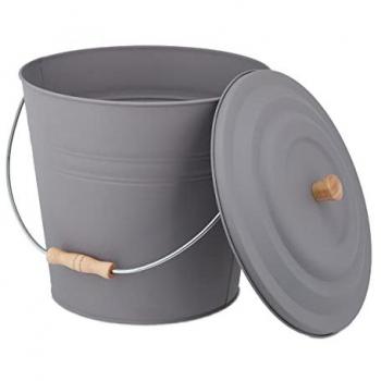 Cubo de Cenizas con Tapa de 12 Litros, Accesorio para Chimenea y BBQ, Acero y Madera, Contenedor con Asa, Gris - Relaxdays