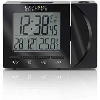 EXPLORE SCIENTIFIC RDP-1001-Reloj Despertador proyector, Temperatura Interior, Radio controlado, Cabezal Giratorio, Pantalla retroiluminada, Alarma, Color Negro, Único