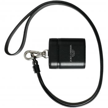 Dolce & Gabbana Black Leather Strap Silver Metal Logo Printed Airpods Case
