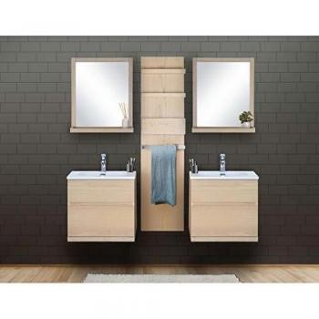 Conjunto de Muebles de Baño en Roble Claro con 2 Lavabos, 2 Espejos y 1 Módulo de Almacenamiento de 60 cm
