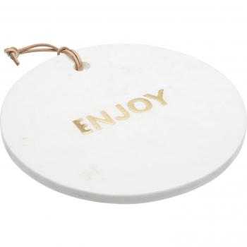 Tabla Redonda de Mármol para Servir Quesos y Aperitivos Artesà, 25.5 cm, Color Blanco con Mensaje Gravado en Dorado