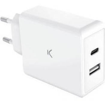 Cargador de Pared KSIX Blanco 65W con Tecnología de Carga Ultra Rápida Dual USB A + C