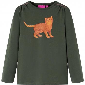 Camiseta Infantil de Manga Larga con Estampado de Gato y Cuello Redondo