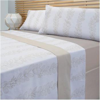 PIKOLIN HOME Juego de sábanas de Algodón Estampado con Diseño de Hojas - Sábana Encimera + Bajera + Funda/s de Almohada