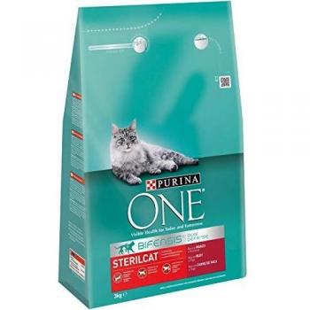 Purina One - Gatos Esterilizados rico en Buey y Trigo, 3 Kg