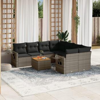 9-Piece Grey Poly Rattan Garden Sofa Set with Cushions
