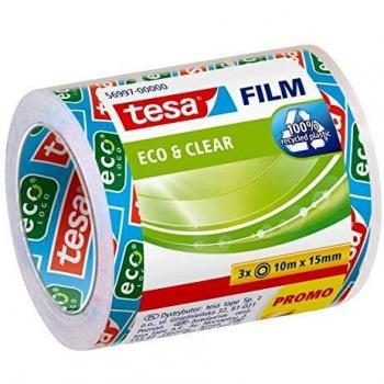 Cinta adhesiva ecológica y transparente Tesa Eco & Clear, 10 m x 15 mm, paquete de 3 rollos