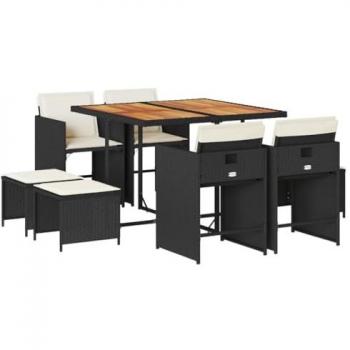 Set de comedor de jardín 9 pzas y cojines ratán sintético negro