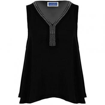ZAFIRO BOUTIQUE Sin Mangas Para Mujer Semitransparente Cuentas Cuello Escote Profundo Holgado Camiseta Blusa Top - sintético, Negro, 100% poliéster, mujer, UK 12