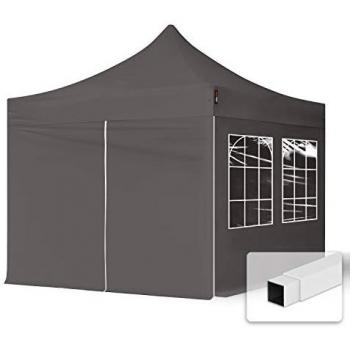 Carpa Plegable TOOLPORT 3x3m - Gazebo de Acero con 4 Paneles Laterales y Ventanas Rectangulares, Color Gris Oscuro