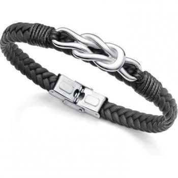 Pulsera de hombre Magnum de acero y cuero negro