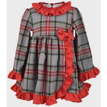 Vestido de bebé niña gris de algodón con detalles en cuadros y volantes