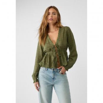 Stradivarius Khaki Flowing Embroidered Blouse Size S