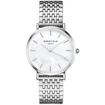 Rosefield Reloj Mujer The Upper East Side de Plata: Caja de Reloj Redonda de 33 mm con Esfera Blanca y Correa Plata - UEWS-U22
