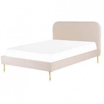 Cama matrimonial de terciopelo beige con patas doradas y somier, 140 x 200 cm, diseño minimalista