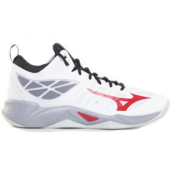 Zapatillas de voleibol Mizuno Wave Dimension Mid blancas, diseño mid-cut, tecnología Wave para amortiguación y estabilidad, suela de goma para agarre en interiores, parte superior de malla transpirable, refuerzo en la
