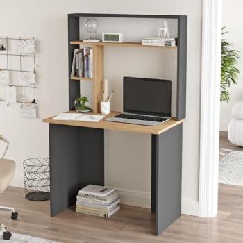 Escritorio Tópisa con Estantería 149x90x52cm - Efecto Roble y Antracita, Mesa de Oficina Rectangular con 3 Compartimentos Abiertos