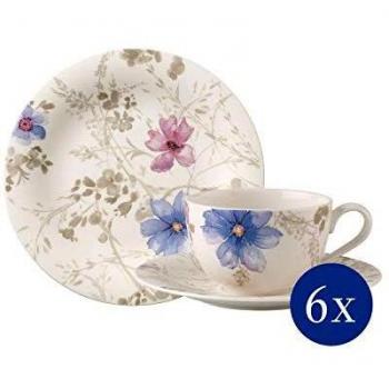 Juego de café Mariefleur Gris Basic de Villeroy & Boch, 18 piezas, porcelana premium, diseño floral en blanco/azul/gris