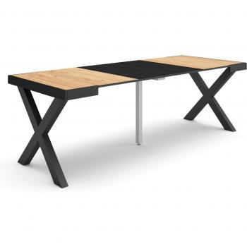 Mesa Consola Extensible 220 cm, para 10 Comensales, Patas de Madera Maciza, Estilo Moderno en Roble y Negro