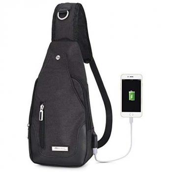 VbigerCanvasSling Mochila frontal con USB recargable Bolso Messenger para usar al aire libre, Bolso Bandolera.