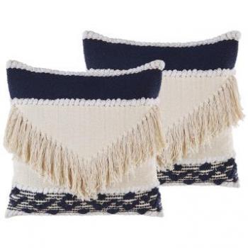 Conjunto de 2 cojines decorativos beige de algodón 45 x 45 cm con funda texturizada y flecos, relleno de poliéster Sofca