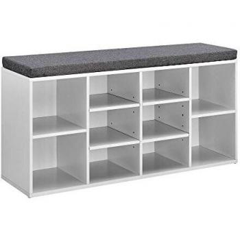 Banco zapatero Ymir con tapizado, 10 compartimentos, aglomerado, 103 x 30 x 48 cm, Blanco / Gris