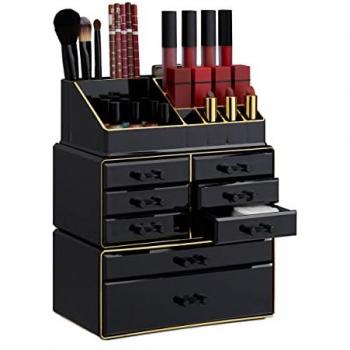 Organizador de Maquillaje Acrílico con Cajones, Caja Apilable para Cosméticos y Joyas, Negro-Dorado