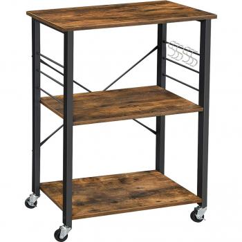 Estantería de Cocina con Ruedas VASAGLE, Carrito de Servicio Industrial de 3 Niveles para Microondas y Horno, Marco Metálico con 6 Ganchos, Disponibles en Gris y Negro/M