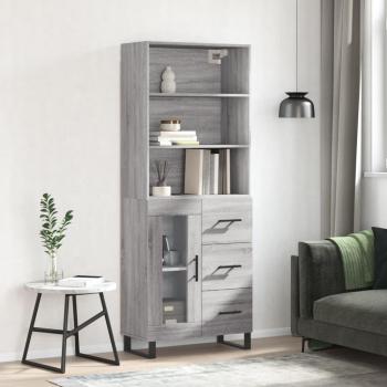 Aparador alto de madera contrachapada gris sonoma 69,5x34x180 cm con 1 puerta de cristal y 3 cajones, mueble de almacenaje para salón, buffet y armario auxiliar