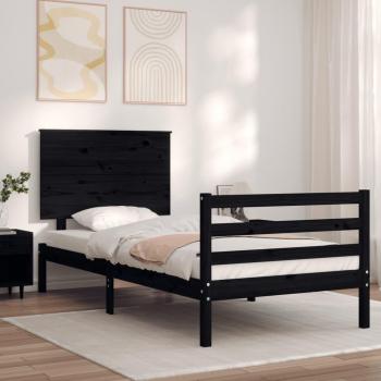 Cama con cabecero de madera maciza negra 90x200 cm