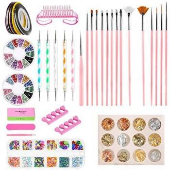 Kit de Accesorios Decoración Uñas Nail Art, GuKKK 51 Pcs Suministros de Uñas con Juego, 15 Pinceles para Uñas, Lápiz de Punto, Cintas Adhesivas Uñas, Uñas de Estrás, Kit de Herramientas para Manicura