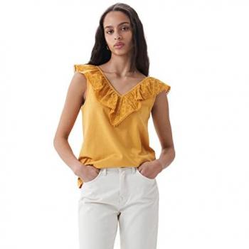 Salsa Jeans Top con escote de pico y volante en bordado inglés, sin mangas