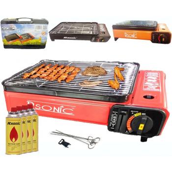 Barbacoa de campamento, parrilla de gas portátil, barbacoa de mesa, incluye placa de barbacoa + parrilla + pinchos + 4 cartuchos de gas + maletín de transporte