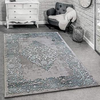 Paco Home Alfombra Diseño Moderna Salón Alfombras 3D Estampado Barroco Gris Turquesa Crema, tamaño:240x340 cm